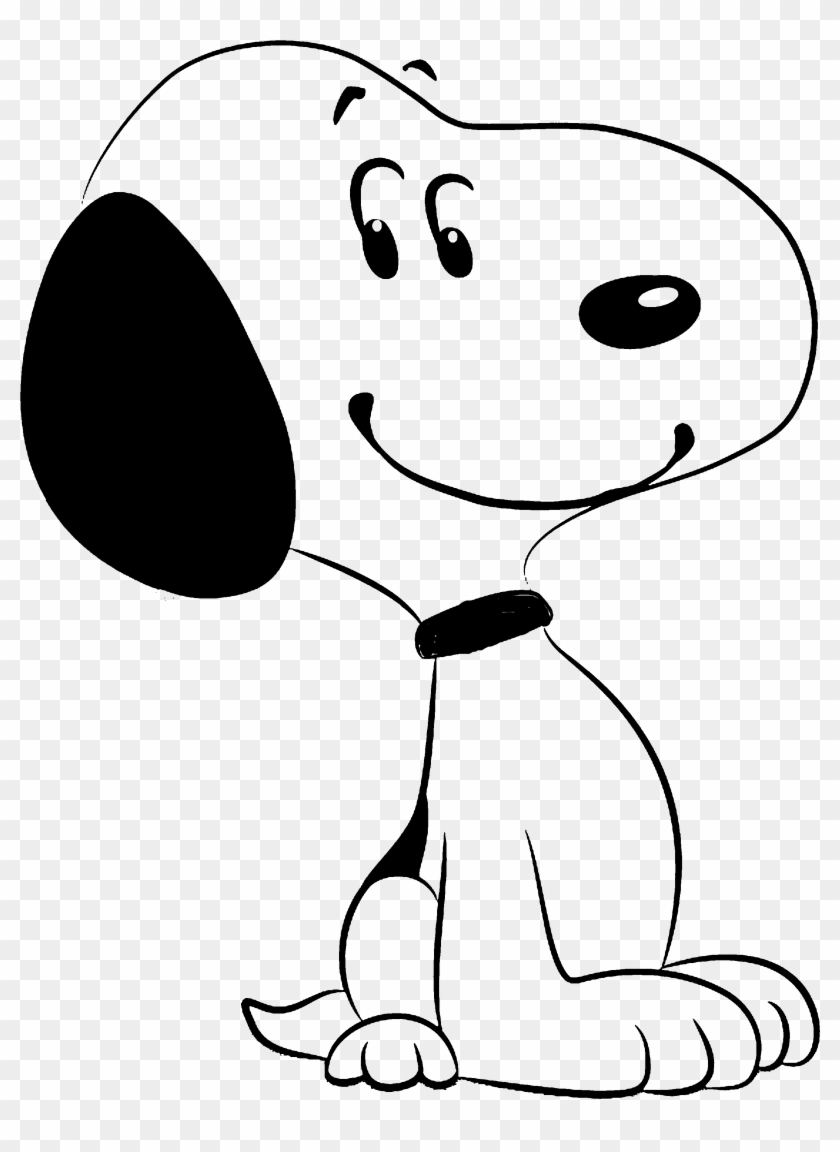 Black-and-white line drawing of Snoopy, the iconic beagle from Peanuts, sitting with a cheerful smile and large black ear.