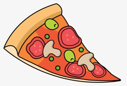 Cartoon-style pizza slice with pepperoni, mushrooms, green olives, and cheese on a red sauce base.