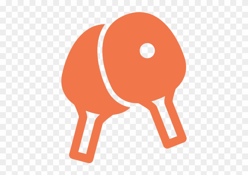 Two orange table tennis paddles crossed with a white ping pong ball in the center, on transparent background.