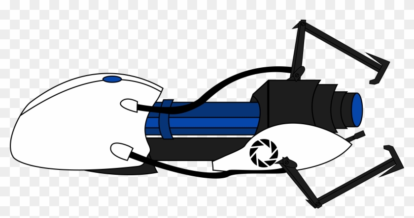 Stylized cartoon depiction of a futuristic handheld device with blue barrel, black casing, and Aperture Science logo.