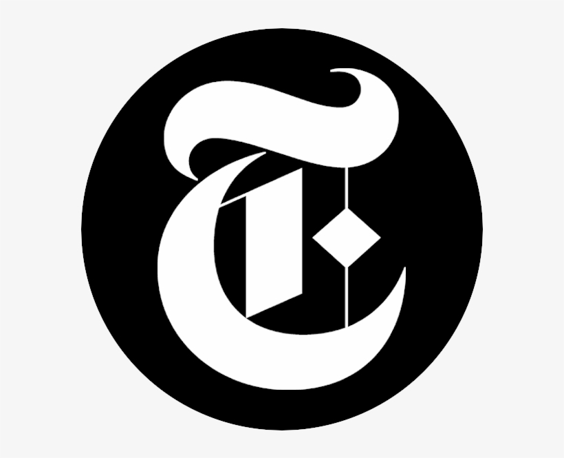 The New York Times iconic black-and-white circular logo featuring a stylized white "T" with ornamental flourishes.