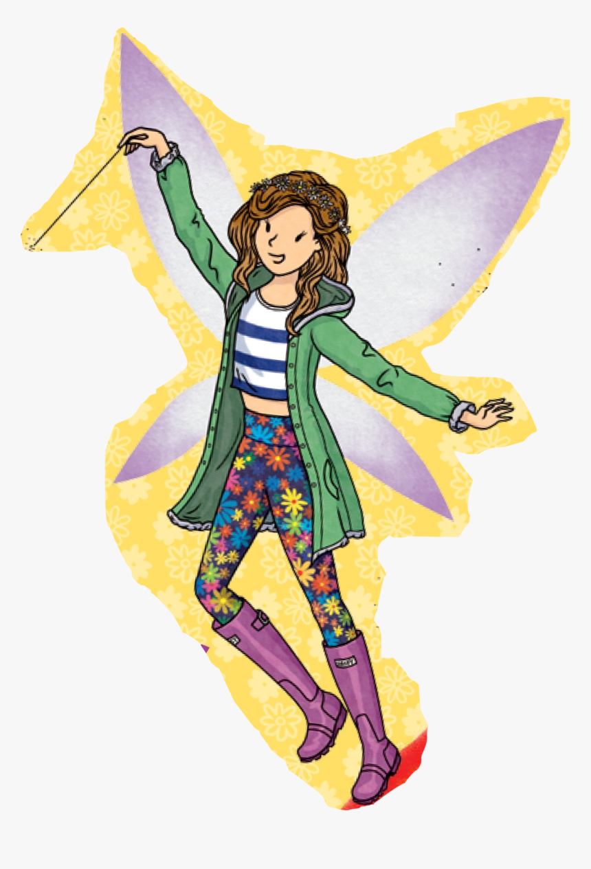 A cheerful fairy girl with floral leggings, green coat, purple boots, and translucent wings posed mid-dance against a yellow floral backdrop.