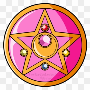 A pink circular magical girl transformation brooch with a golden star, central moon-shaped gem, and four colored jewels.