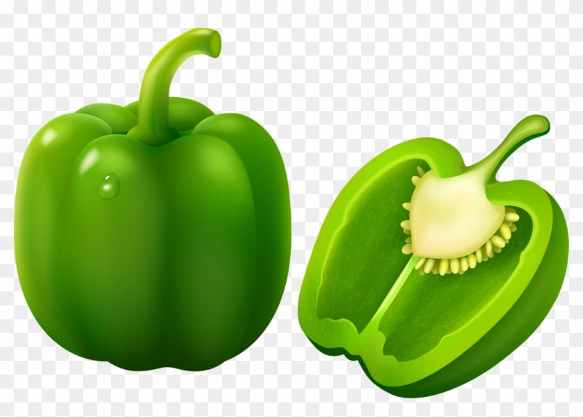 Fresh green bell pepper whole and halved, showing vibrant skin, stem, and interior seeds and placenta.