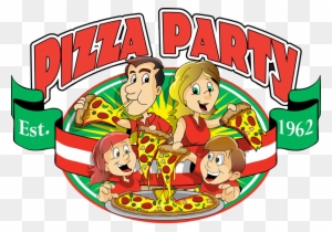 Vintage-style "Pizza Party" logo featuring four cartoon characters enjoying pizza, established 1962.