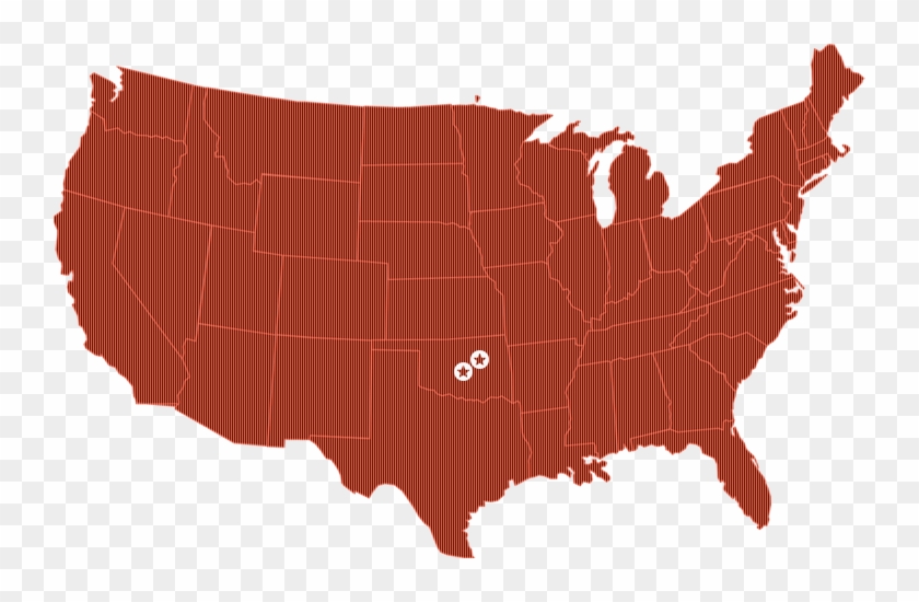 Red U.S. map with two white star markers in Oklahoma, indicating specific locations.