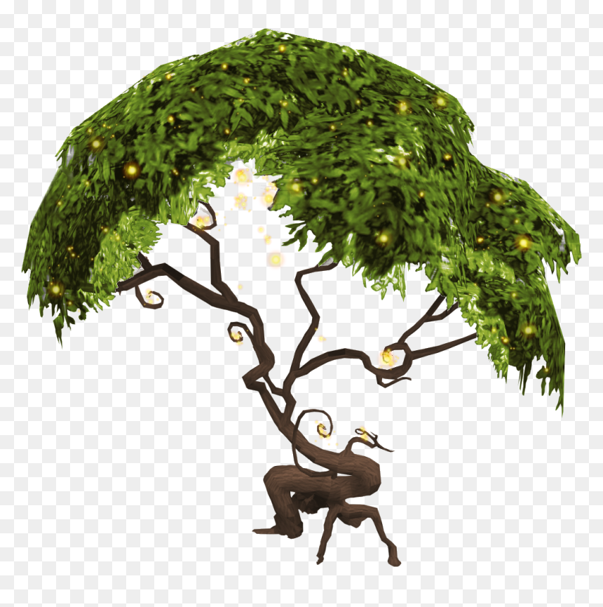 A whimsical, animated tree with glowing golden lights in its lush green canopy and twisted brown branches forming a seated figure.