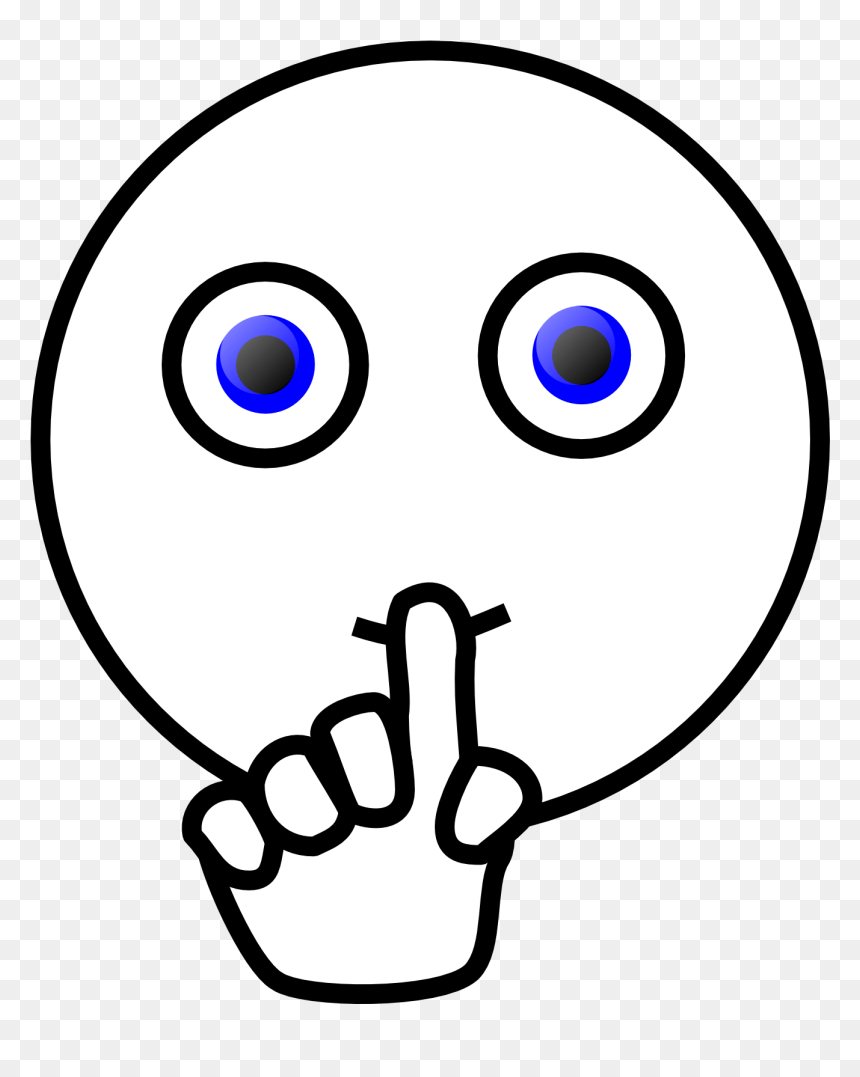White cartoon face with blue eyes and finger over lips signaling silence or secrecy.