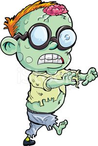 Cartoon zombie with spiky orange hair, glasses, exposed brain, and tattered clothes, walking with arms outstretched.