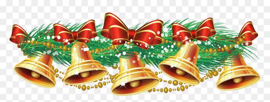 Festive Christmas garland with golden bells, red bows, pine branches, and gold beads on transparent background.