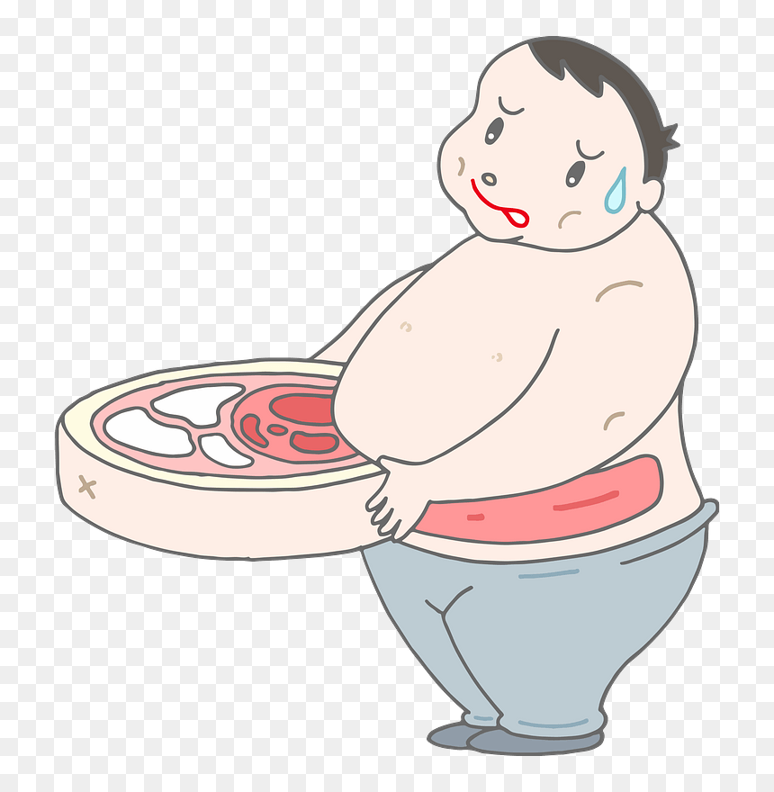Overweight man nervously holding a large plate of fatty meat, sweating with concern.