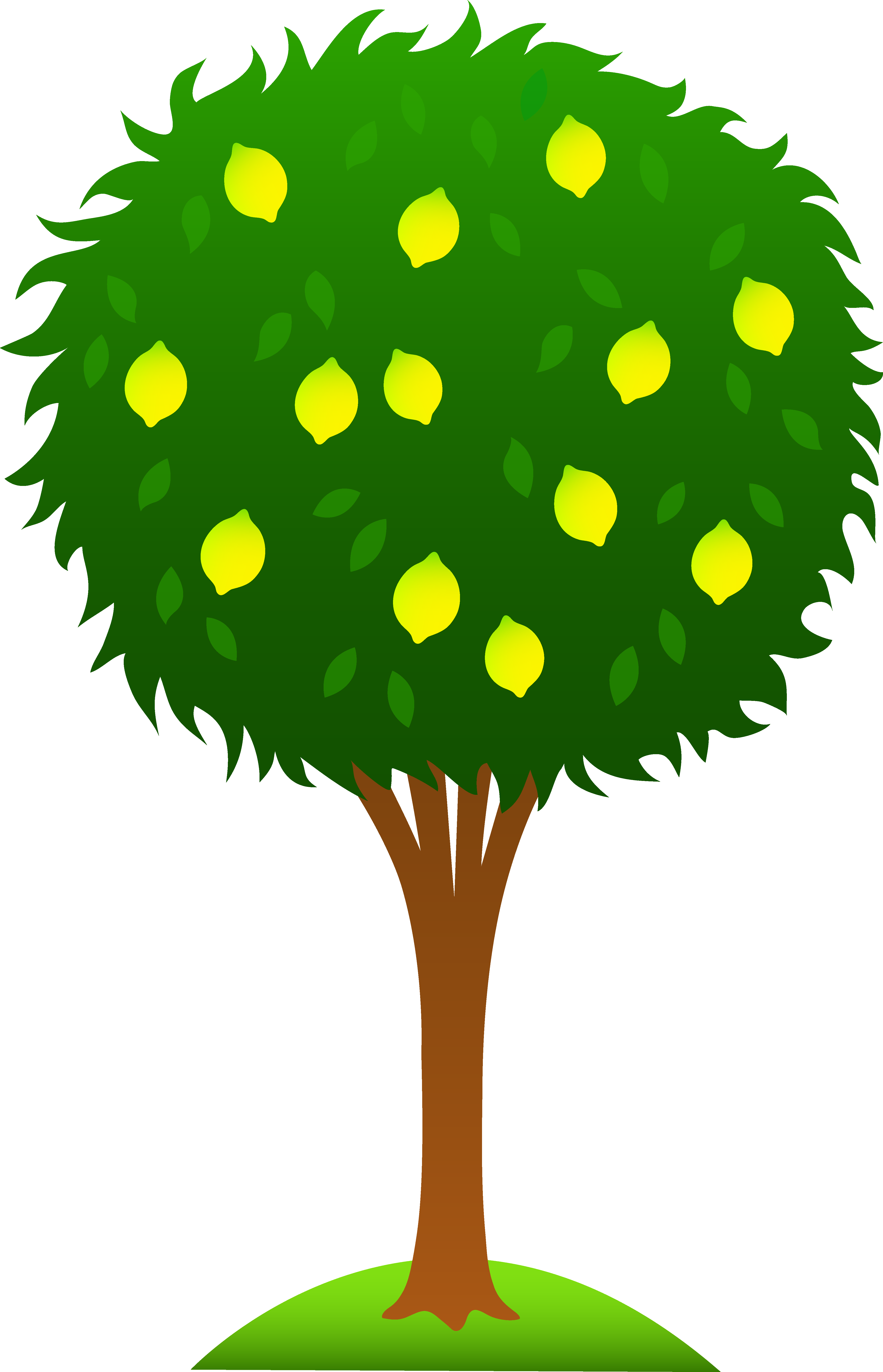 A vibrant cartoon lemon tree with lush green leaves and bright yellow lemons growing on a small grassy mound.
