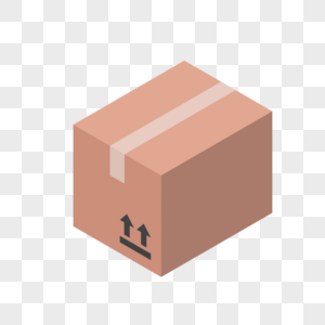 Brown cardboard box with shipping tape and upward arrows, isometric view on transparent background.