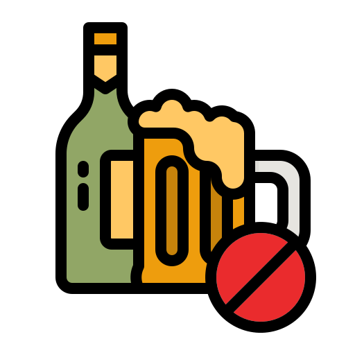 Icon set showing a green wine bottle, frothy beer mug, cocktail glass, and red pizza slice on black background.