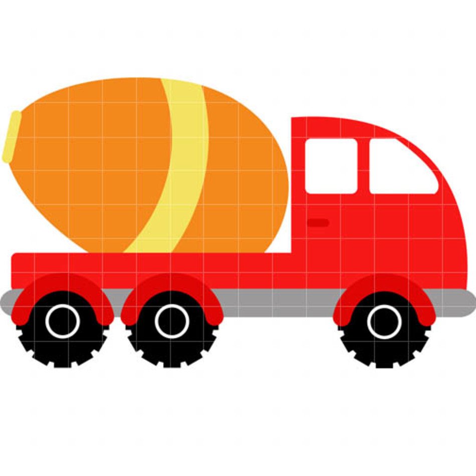 Red cement mixer truck with orange drum and black wheels on white background.