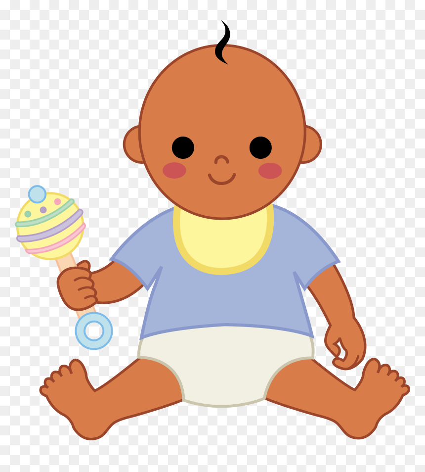 Smiling baby with dark skin wearing blue shirt and diaper, holding colorful rattle toy.