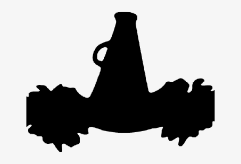 Black silhouette of a megaphone flanked by two cheerleader pom-poms on white background.