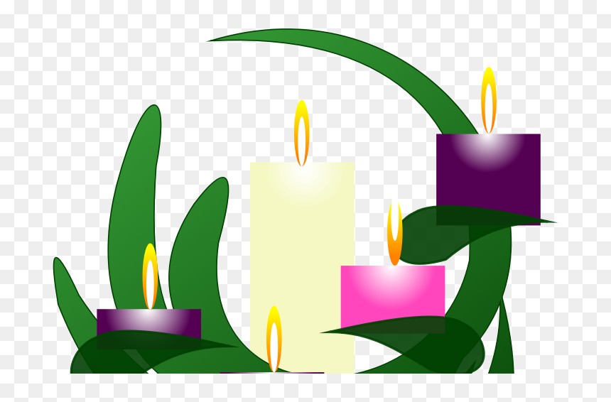 Four lit candles in purple, pink, and cream surrounded by green leaves in a decorative arrangement.