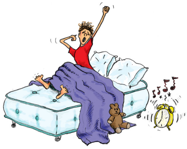 A cartoon person yawning and stretching in bed as a loud alarm clock rings beside them, with a teddy bear on the mattress.