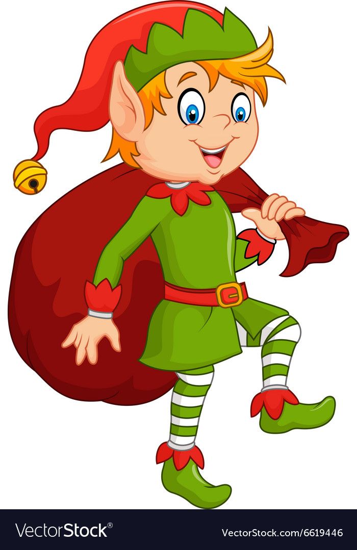 Cheerful cartoon Christmas elf in green outfit carrying a red sack with bell-topped hat.