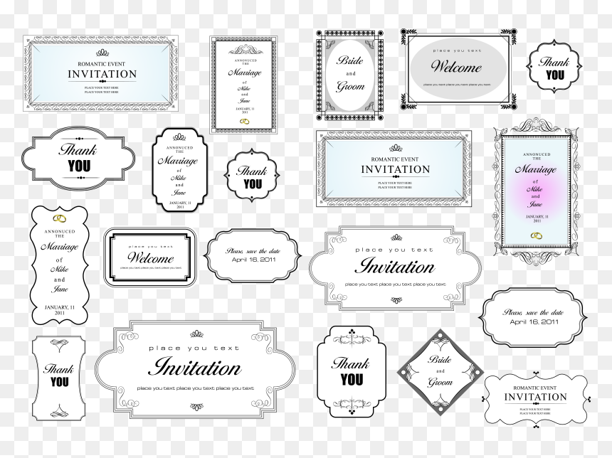 Collection of elegant vintage-style wedding invitation and thank-you card templates with ornate borders and placeholder text.