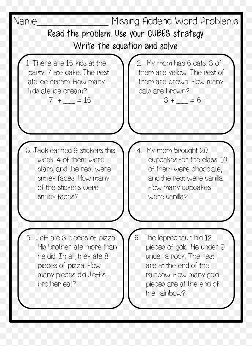 Worksheet titled "Missing Addend Word Problems" with six math problems using CUBES strategy for elementary students.