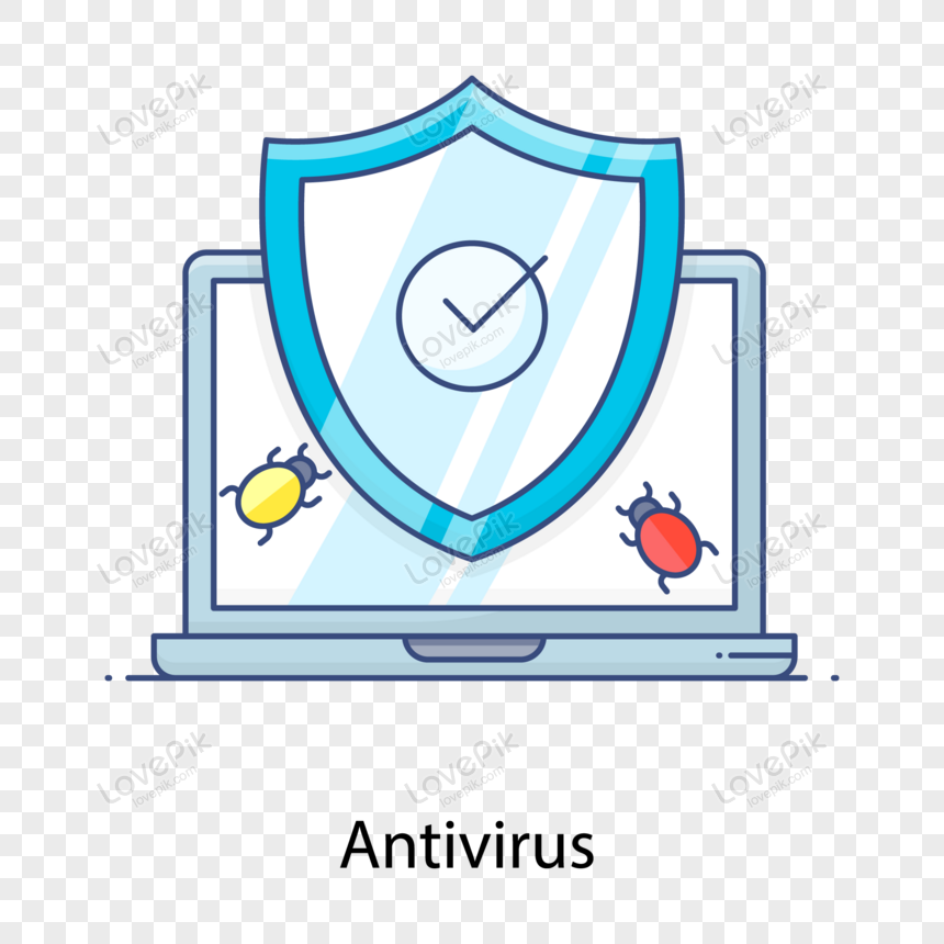 Laptop with antivirus shield protecting against bug icons, symbolizing cybersecurity protection.
