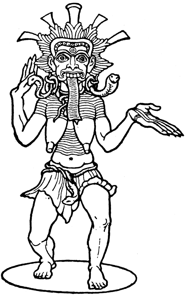 Black-and-white line drawing of a Mesoamerican deity with feathered headdress, serpents, and striped attire, standing on a circular base.
