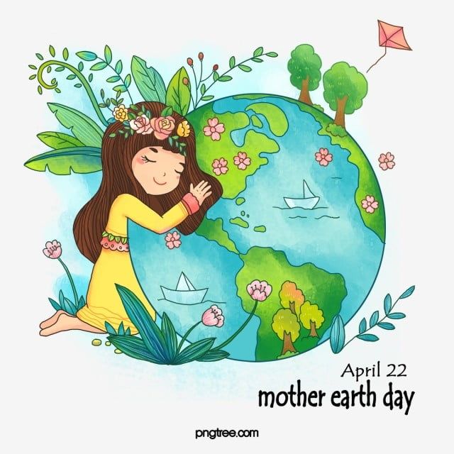 A girl with floral crown hugs a vibrant Earth globe surrounded by plants, flowers, trees, and a kite; text reads "April 22 Mother Earth Day".