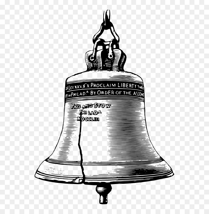 Engraved Liberty Bell illustration with iconic crack, inscribed text, and hanging clapper on transparent background.