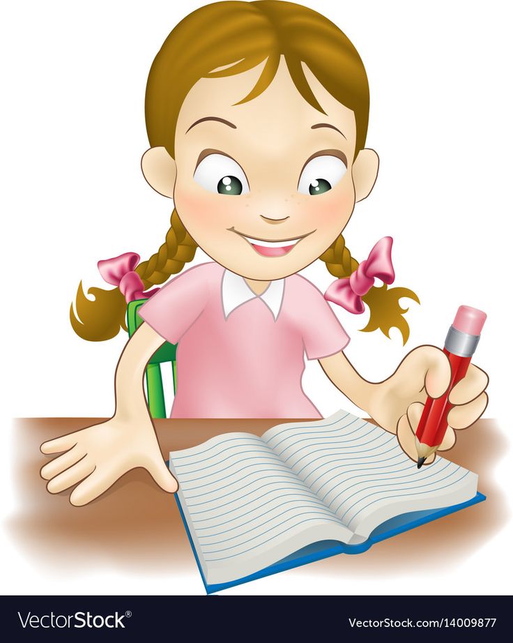 Smiling girl with braided hair writing in a lined notebook with a red pencil.