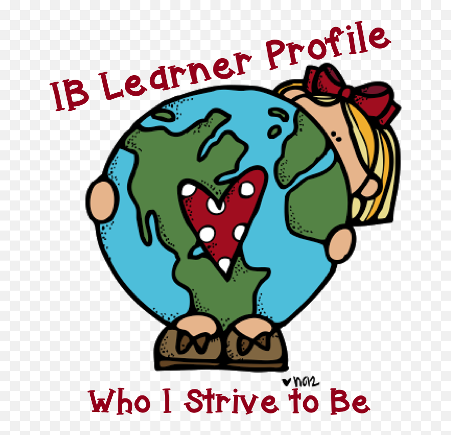 Cartoon child hugging a globe with a heart, labeled "IB Learner Profile: Who I Strive to Be"