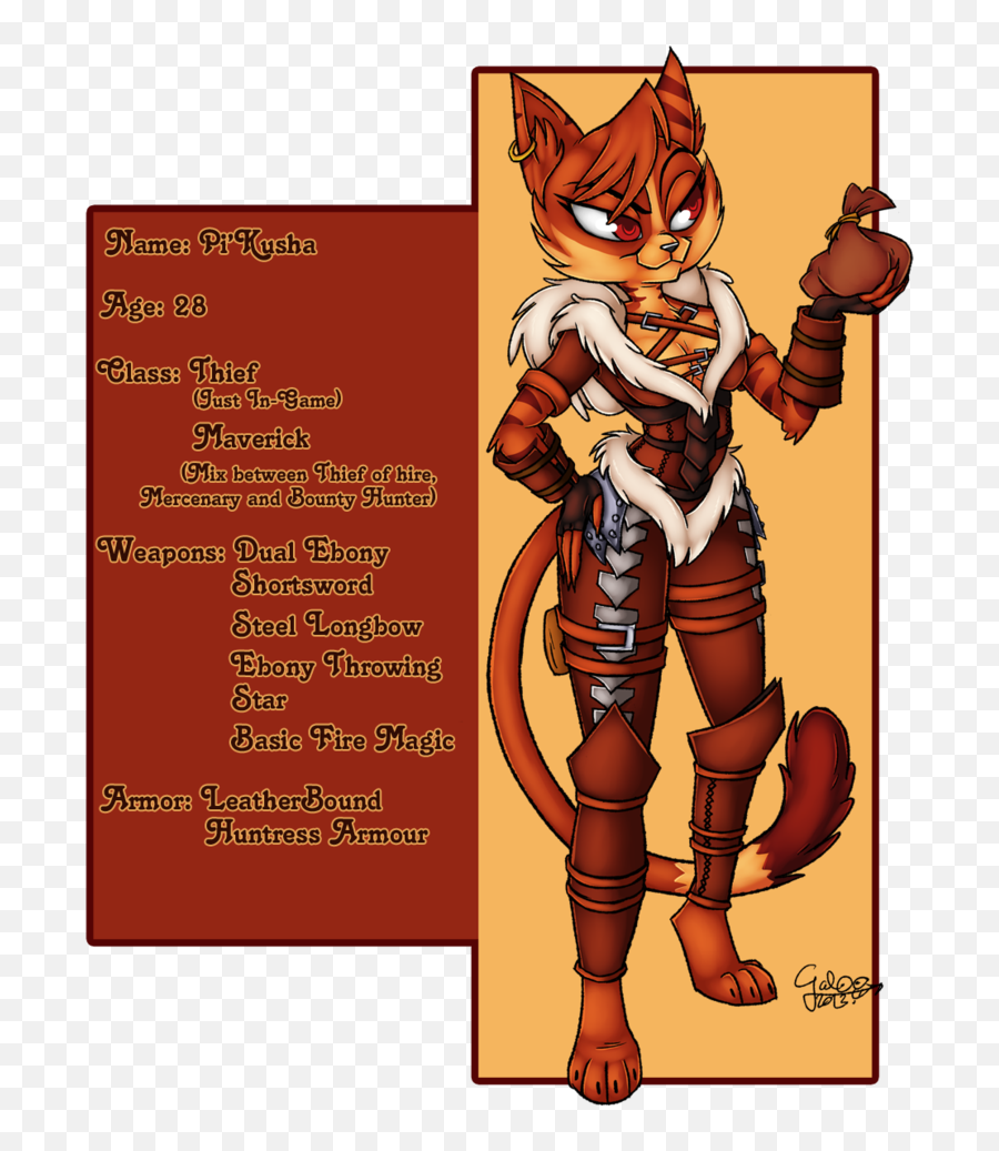 Pi'Kusha, a 28-year-old feline thief/maverick character in leatherbound huntress armor, wielding dual ebony shortswords and holding a pouch.