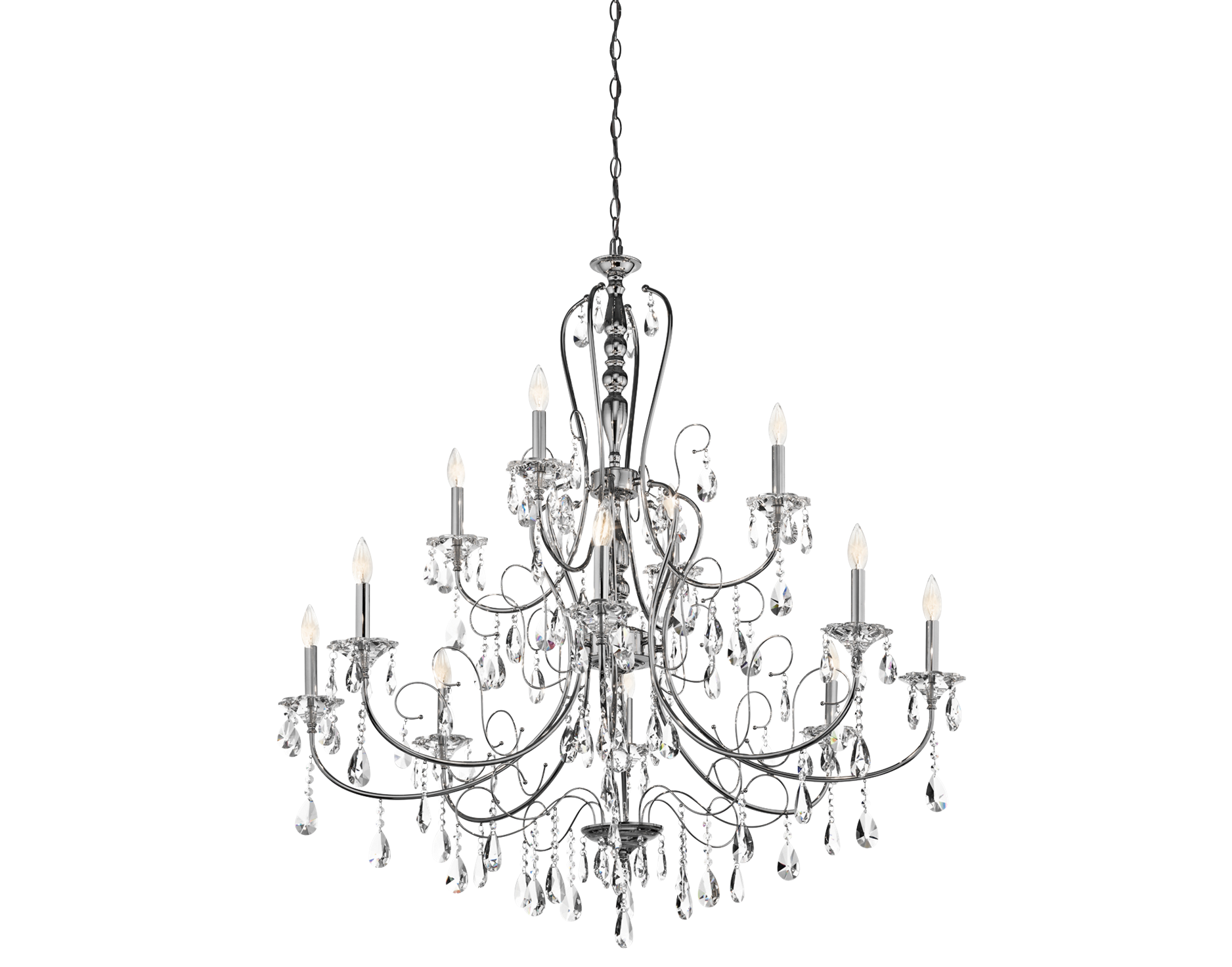Elegant silver-toned crystal chandelier with 12 candle-style lights and teardrop prisms, suspended against black background.