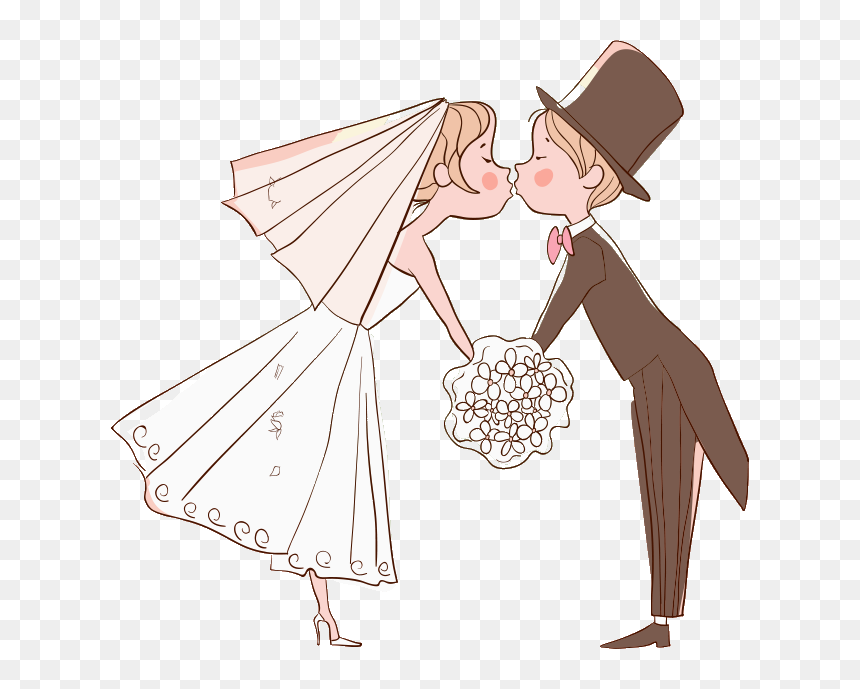 Cartoon bride and groom sharing a romantic kiss, bride in white gown with veil, groom in brown top hat and suit holding bouquet.