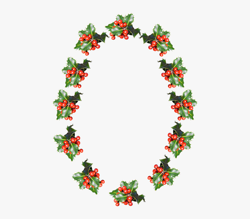 Holly wreath shaped like the letter O, with green leaves and red berries on white background.