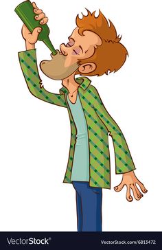 Cartoon man with spiky hair and beard drinking from a green bottle, wearing a green checkered jacket.