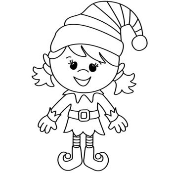 Black-and-white line drawing of a smiling female elf wearing a striped hat, tunic, and curled shoes.