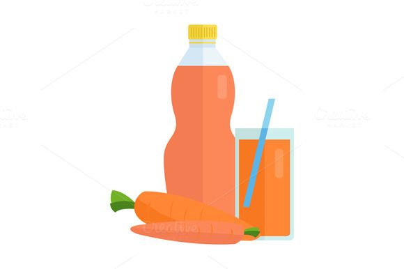 Fresh carrot juice in a bottle and glass beside whole carrots, illustrating natural, healthy beverage.