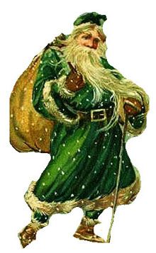 Vintage green-clad Santa Claus with white beard, sack of gifts, and walking stick, in classic illustration style.