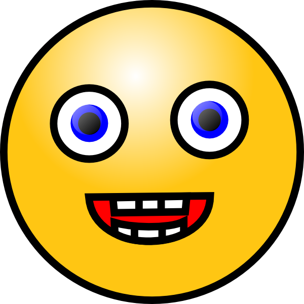 Yellow emoji face with wide blue eyes and a toothy grin showing red gums and white teeth.