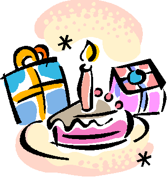 Colorful birthday cake with one lit candle, two gift boxes, and festive stars on a pastel background.