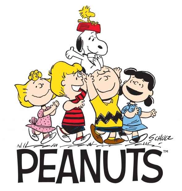 Peanuts gang-Snoopy with Woodstock on his head, Lucy, Linus, Charlie Brown, and Sally-celebrating joyfully beneath the PEANUTS logo.