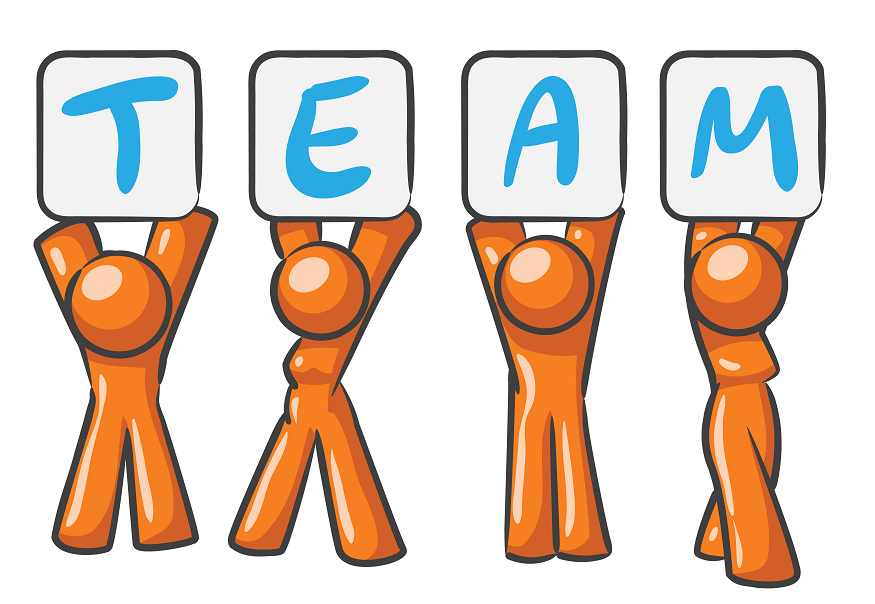 Four orange stick figures holding signs that spell "TEAM" in blue letters.
