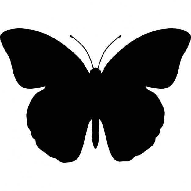Black silhouette of a butterfly with spread wings and antennae on white background.