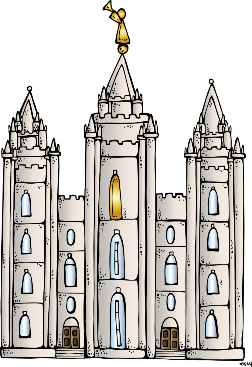 Illustrated LDS temple with golden angel Moroni statue atop central spire, arched windows, and ornate Gothic architecture.