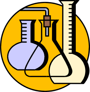 Illustration of laboratory glassware including beakers, flasks, and a graduated cylinder connected by tubing against a yellow circular background.
