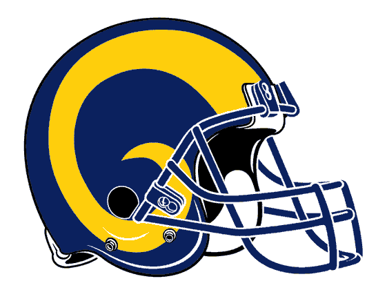 Los Angeles Rams football helmet with navy blue and gold ram horn logo and faceguard.