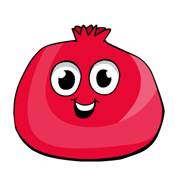 Smiling red cartoon pomegranate with big eyes and a cheerful expression.