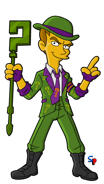 The Riddler from The Simpsons, in green suit with purple accents, holding a question mark staff and pointing.